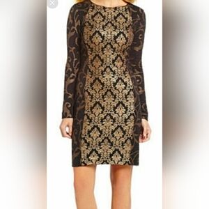 ANTONIO MELANI Black & Gold Brocade Dress, Lined, Long Sleeves,Sz:4, Knee Length